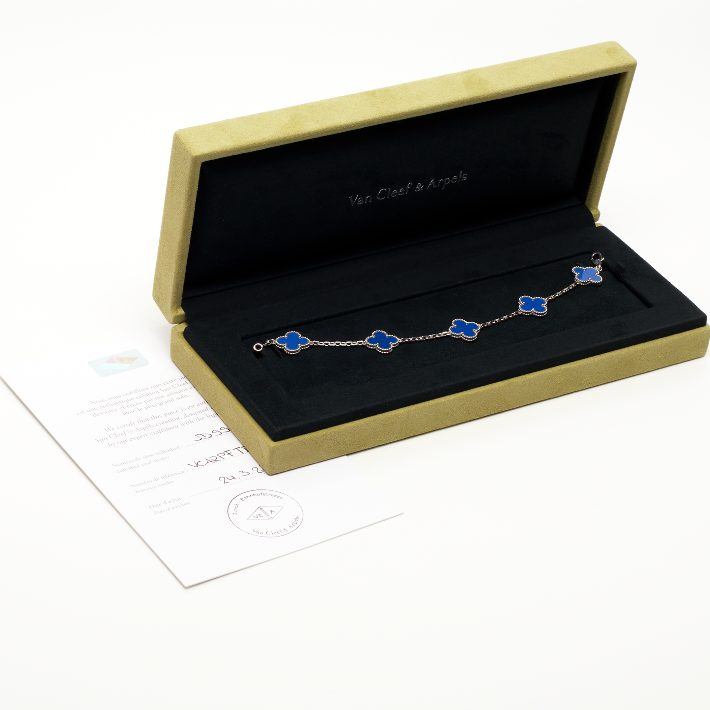 Bracelet Van Cleef & Arpels Vintage Alhambra 5 motifs agate bleu en or blanc Special Order