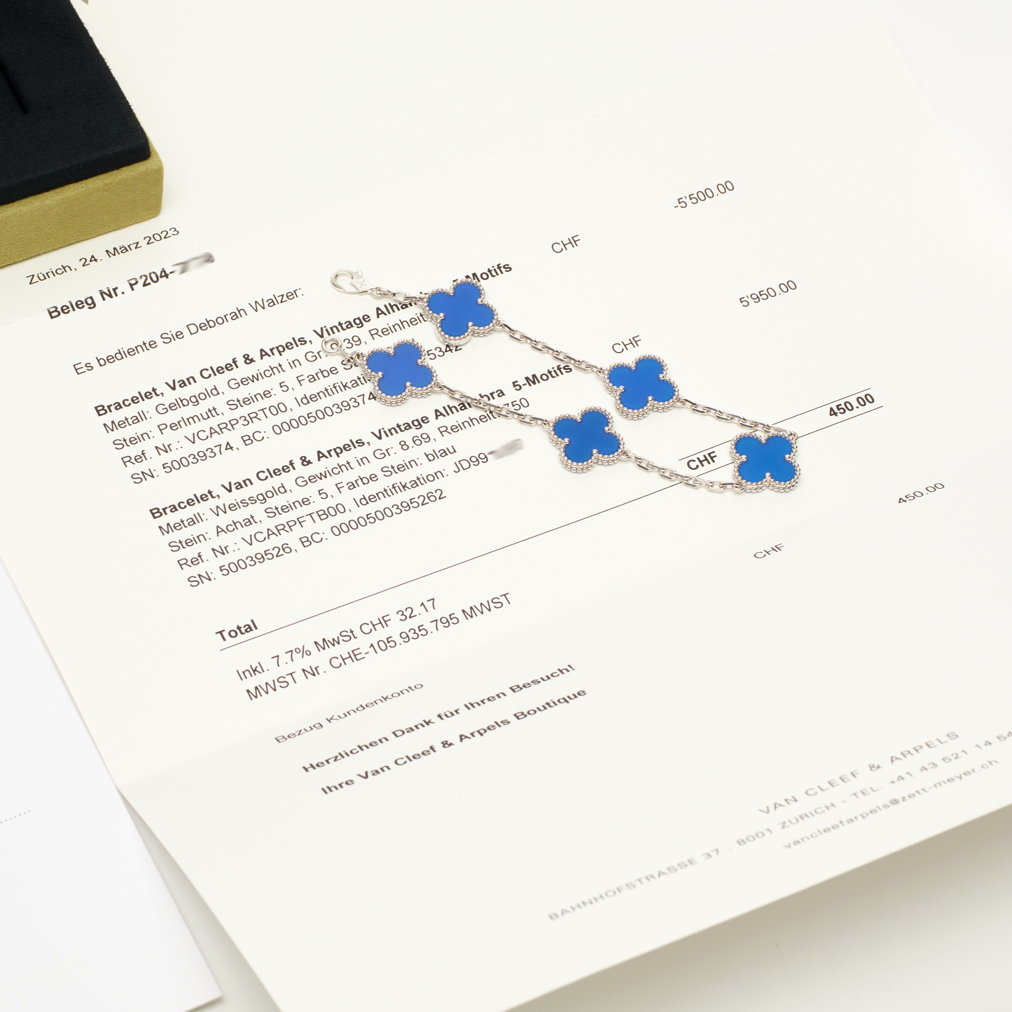 Bracelet Van Cleef & Arpels Vintage Alhambra 5 motifs agate bleu en or blanc Special Order