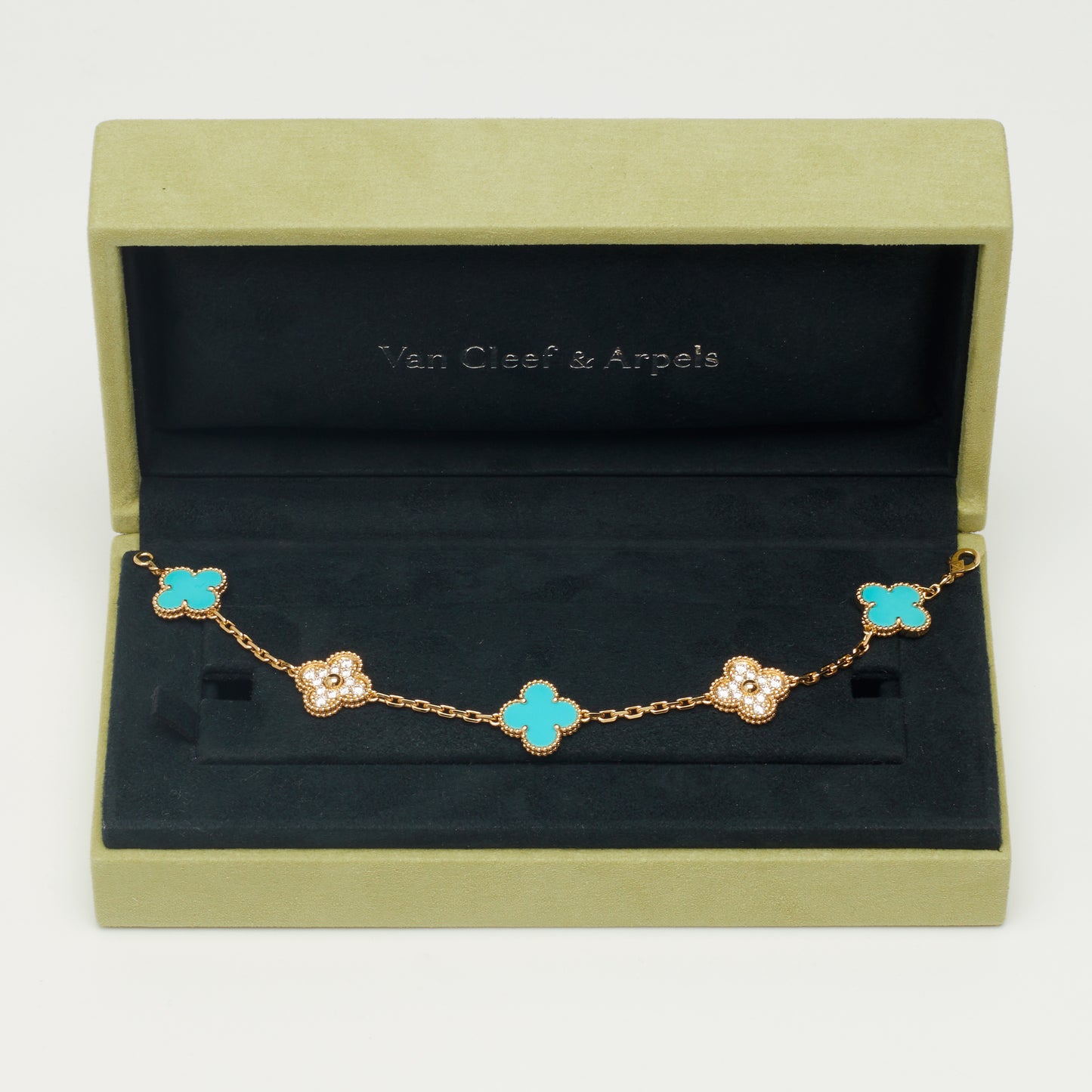 EXTRA RARE Bracelet Van Cleef & Arpels Vintage Alhambra 5 motifs turquoise et diamants