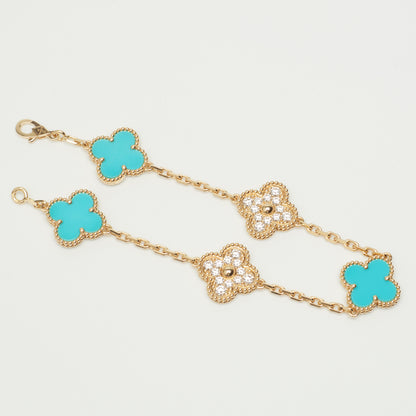 EXTRA RARE Bracelet Van Cleef & Arpels Vintage Alhambra 5 motifs turquoise et diamants