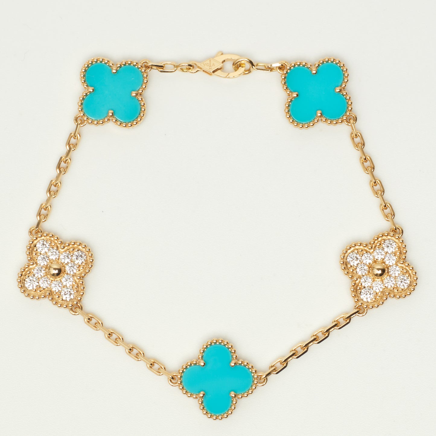 EXTRA RARE Bracelet Van Cleef & Arpels Vintage Alhambra 5 motifs turquoise et diamants