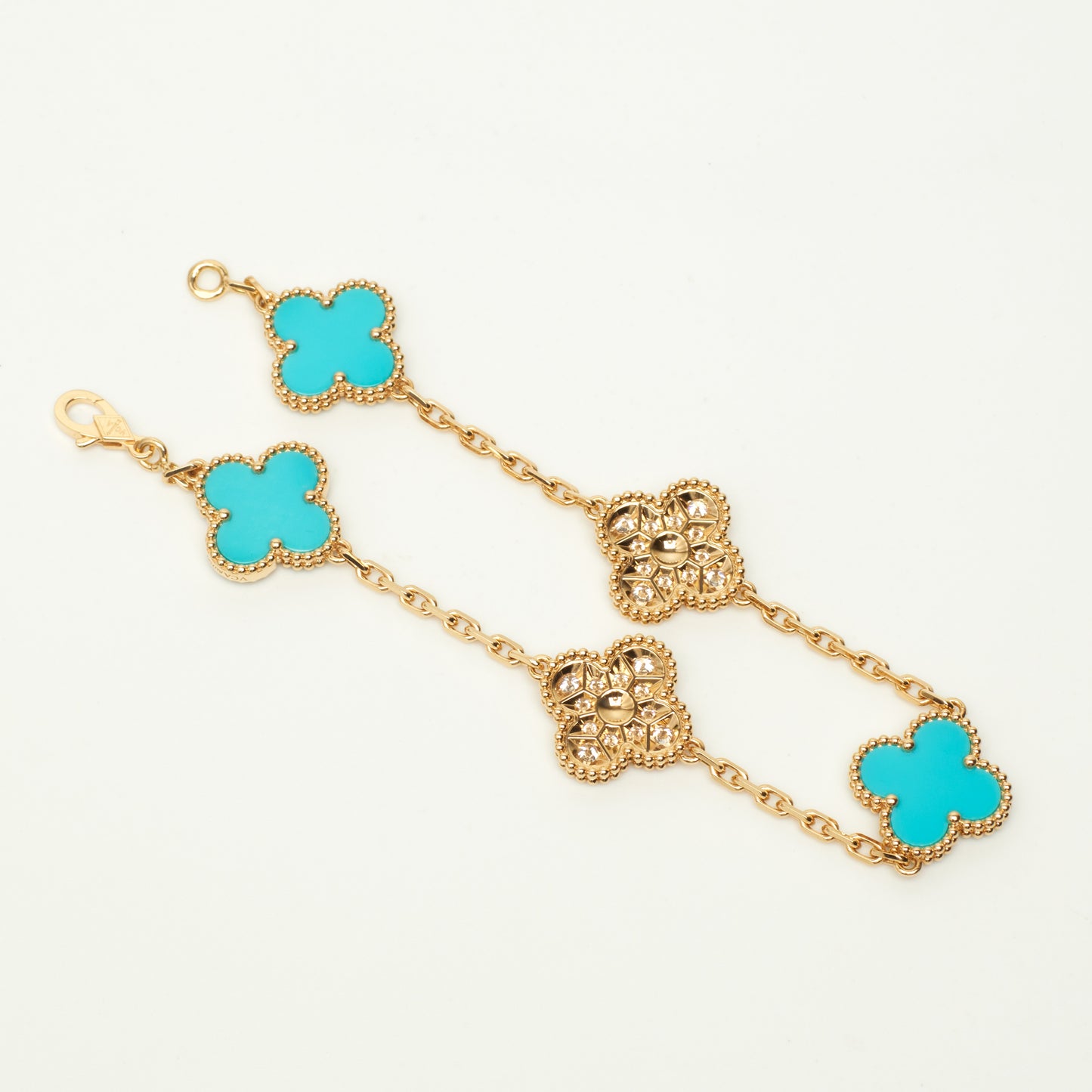 EXTRA RARE Bracelet Van Cleef & Arpels Vintage Alhambra 5 motifs turquoise et diamants