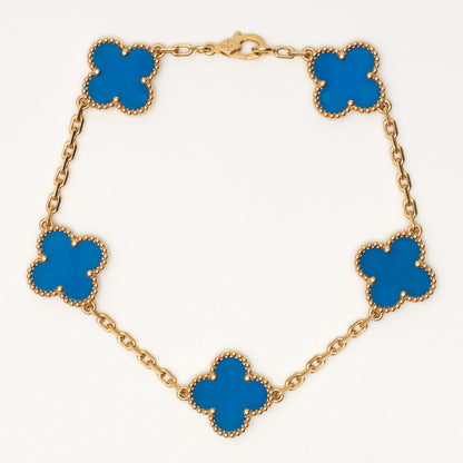 Bracelet Van Cleef & Arpels Vintage Alhambra 5 motifs agate bleu en or jaune