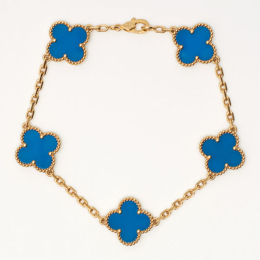 Bracelet Van Cleef & Arpels Vintage Alhambra 5 motifs agate bleu en or jaune