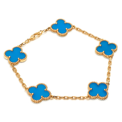 Bracelet Van Cleef & Arpels Vintage Alhambra 5 motifs agate bleu en or jaune