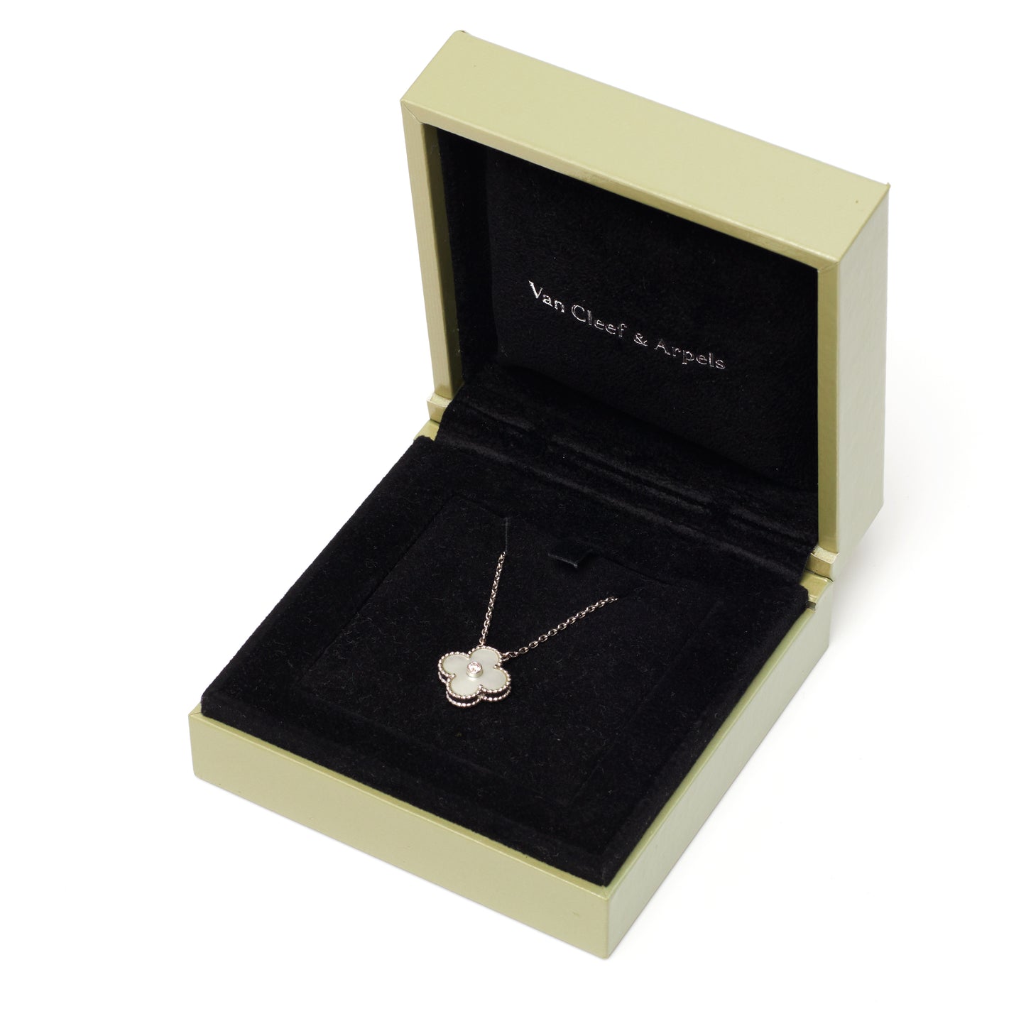 Collier Van Cleef & Arpels Alhambra Holiday Pendant diamant nacre blanche en or blanc