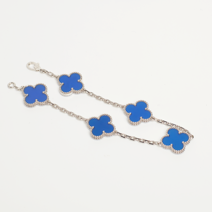 Bracelet Van Cleef & Arpels Vintage Alhambra 5 motifs agate bleu en or blanc Special Order