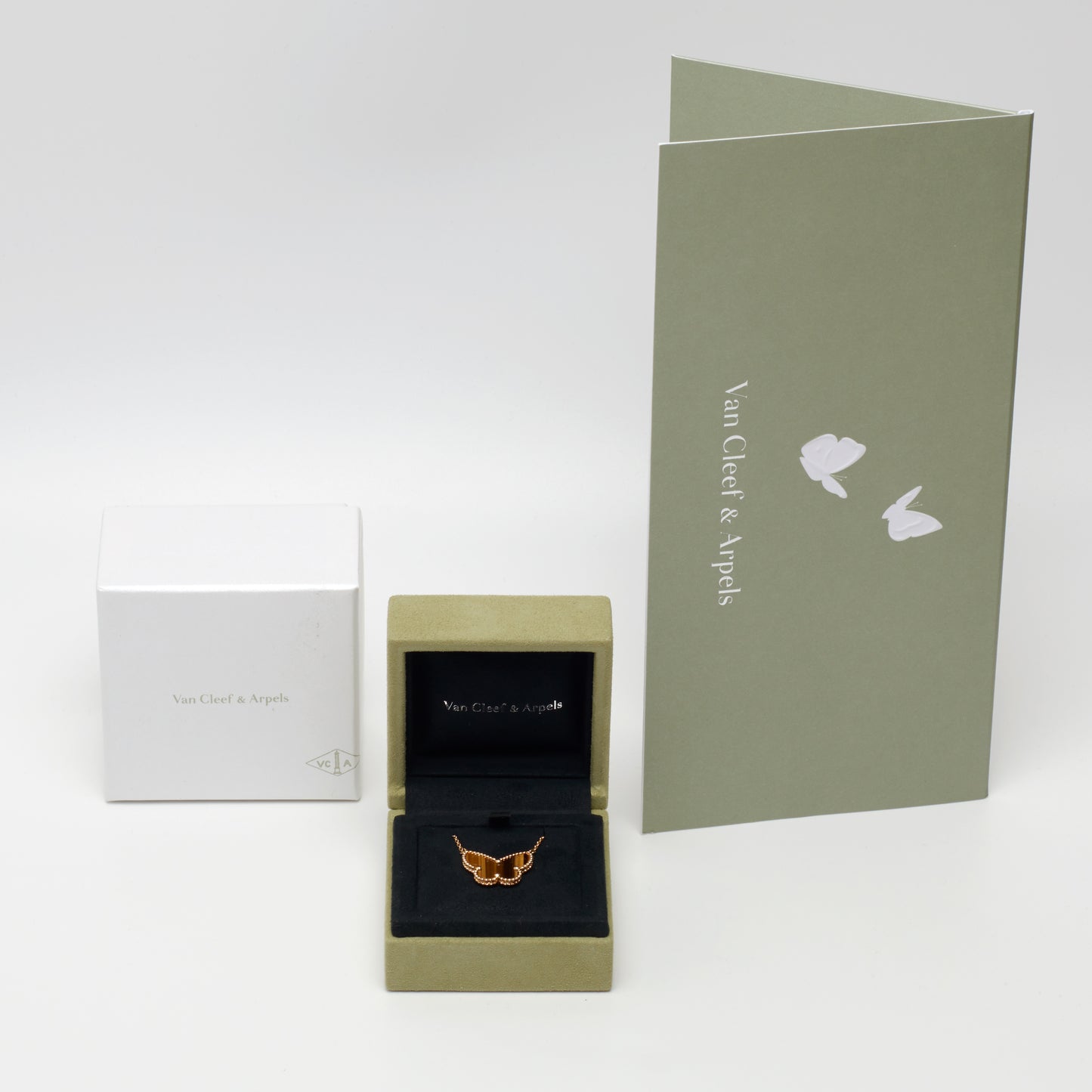 Van Cleef & Arpels Lucky Alhambra Butterfly Tiger's Eye Necklace in Yellow Gold
