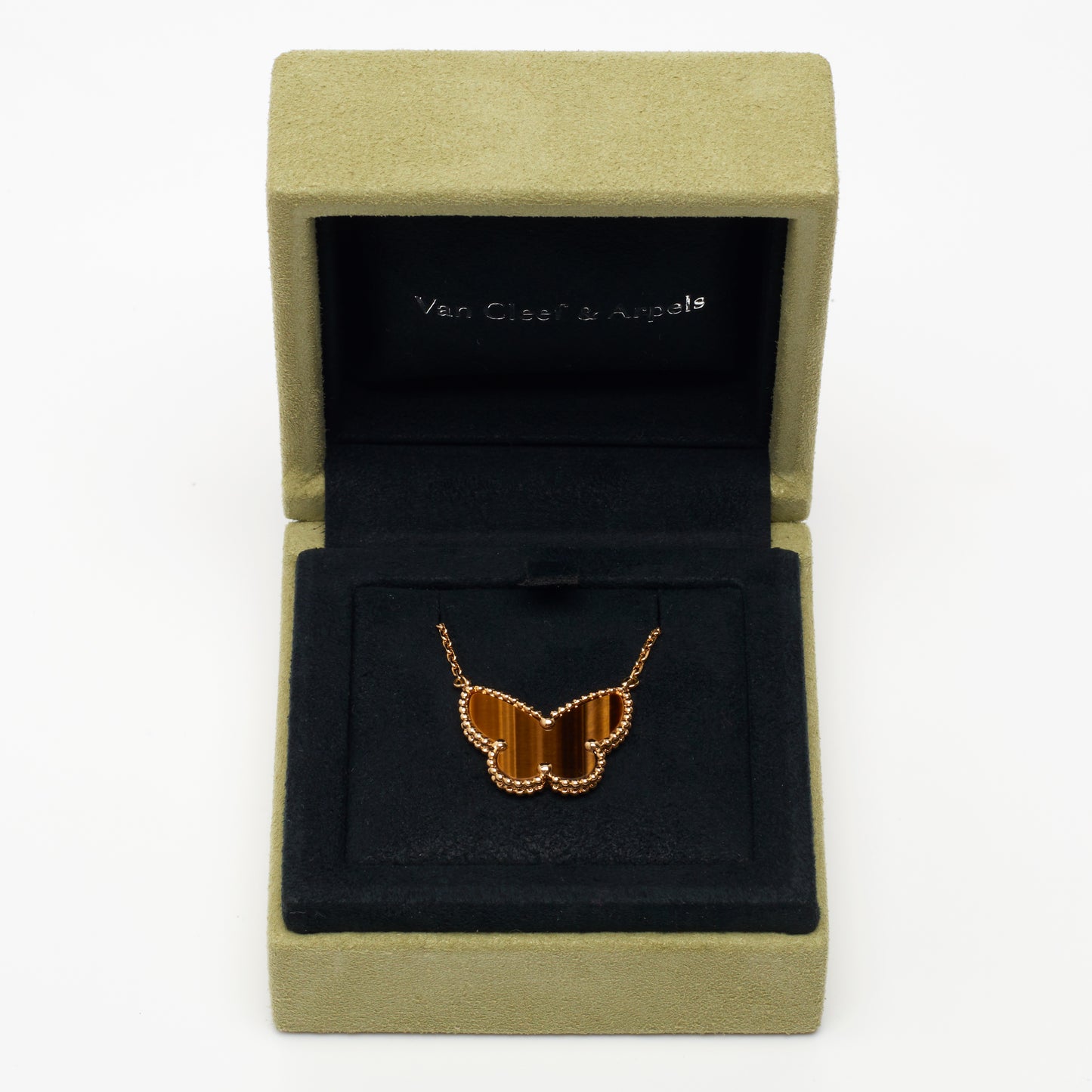 Van Cleef & Arpels Lucky Alhambra Butterfly Tiger's Eye Necklace in Yellow Gold