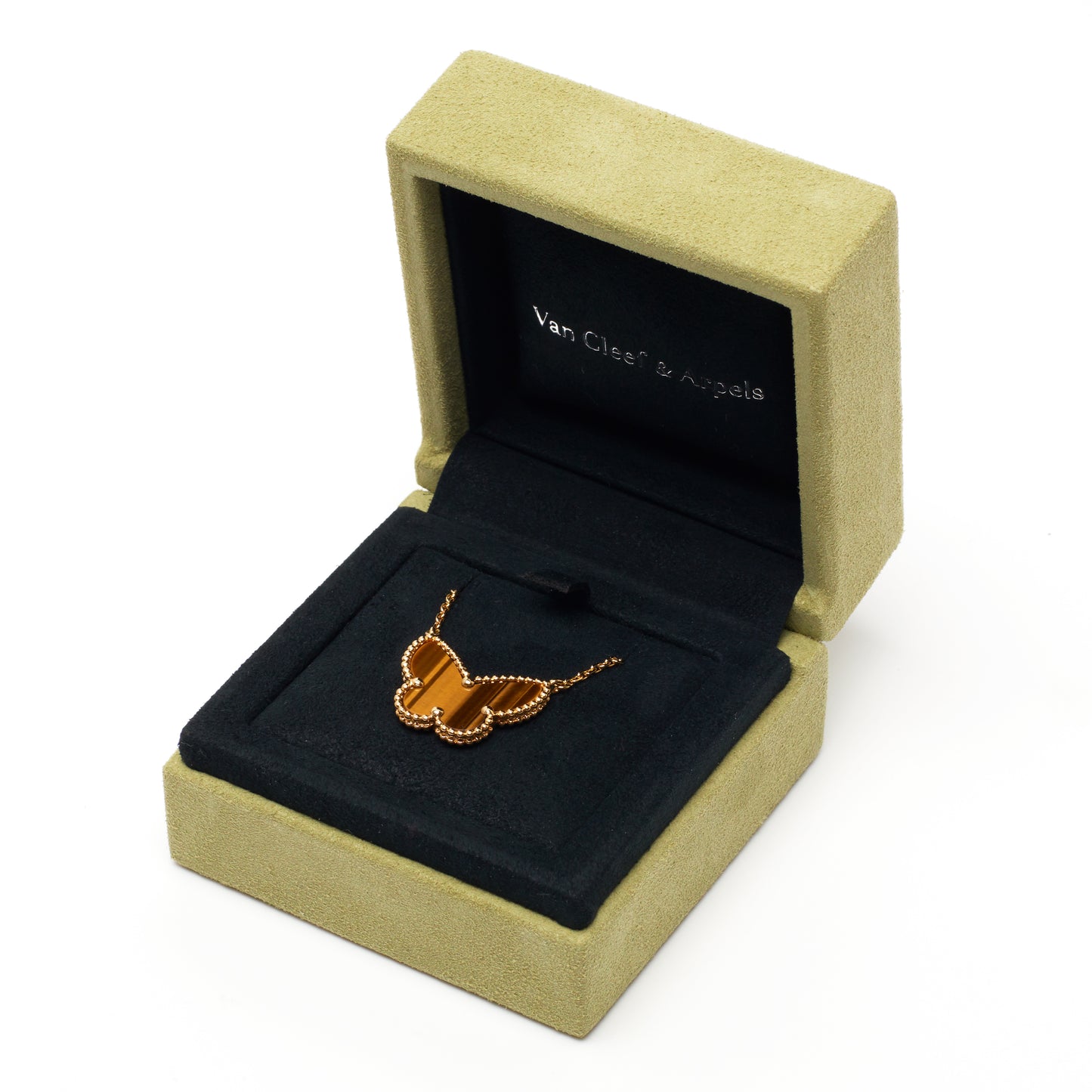 Van Cleef & Arpels Lucky Alhambra Butterfly Tiger's Eye Necklace in Yellow Gold