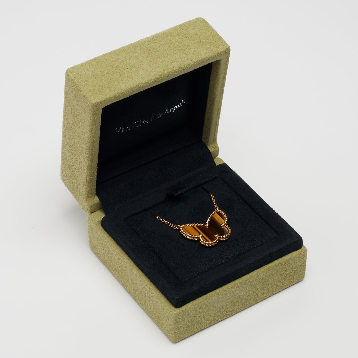 Van Cleef & Arpels Lucky Alhambra Butterfly Tiger's Eye Necklace in Yellow Gold