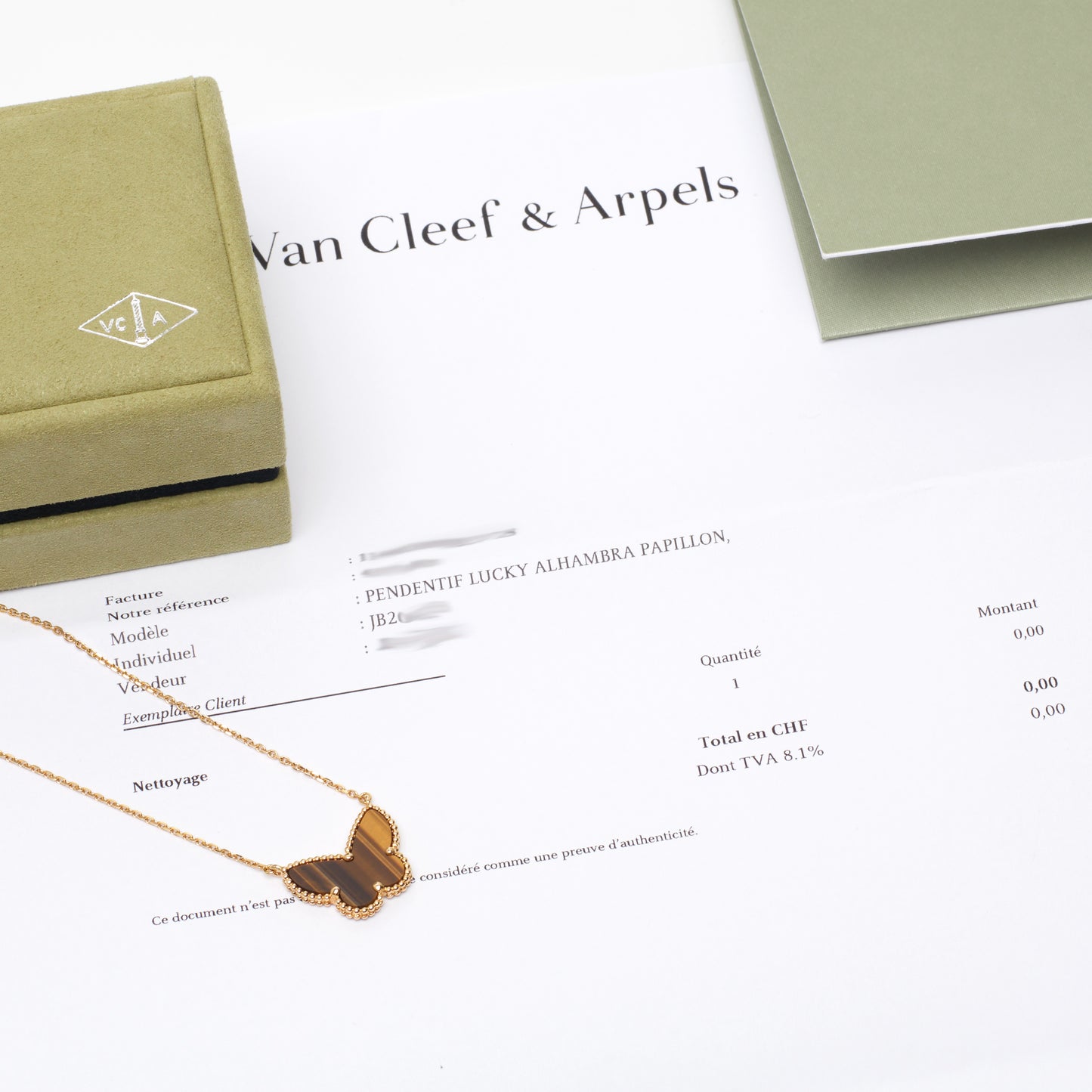 Van Cleef & Arpels Lucky Alhambra Butterfly Tiger's Eye Necklace in Yellow Gold