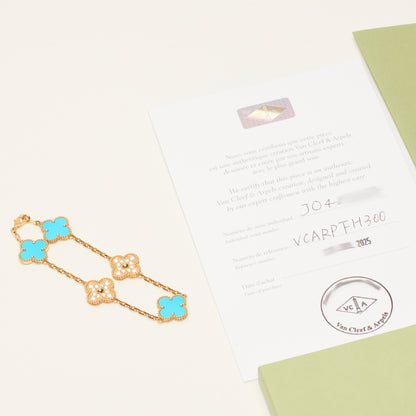 EXTRA RARE Bracelet Van Cleef & Arpels Vintage Alhambra 5 motifs turquoise et diamants